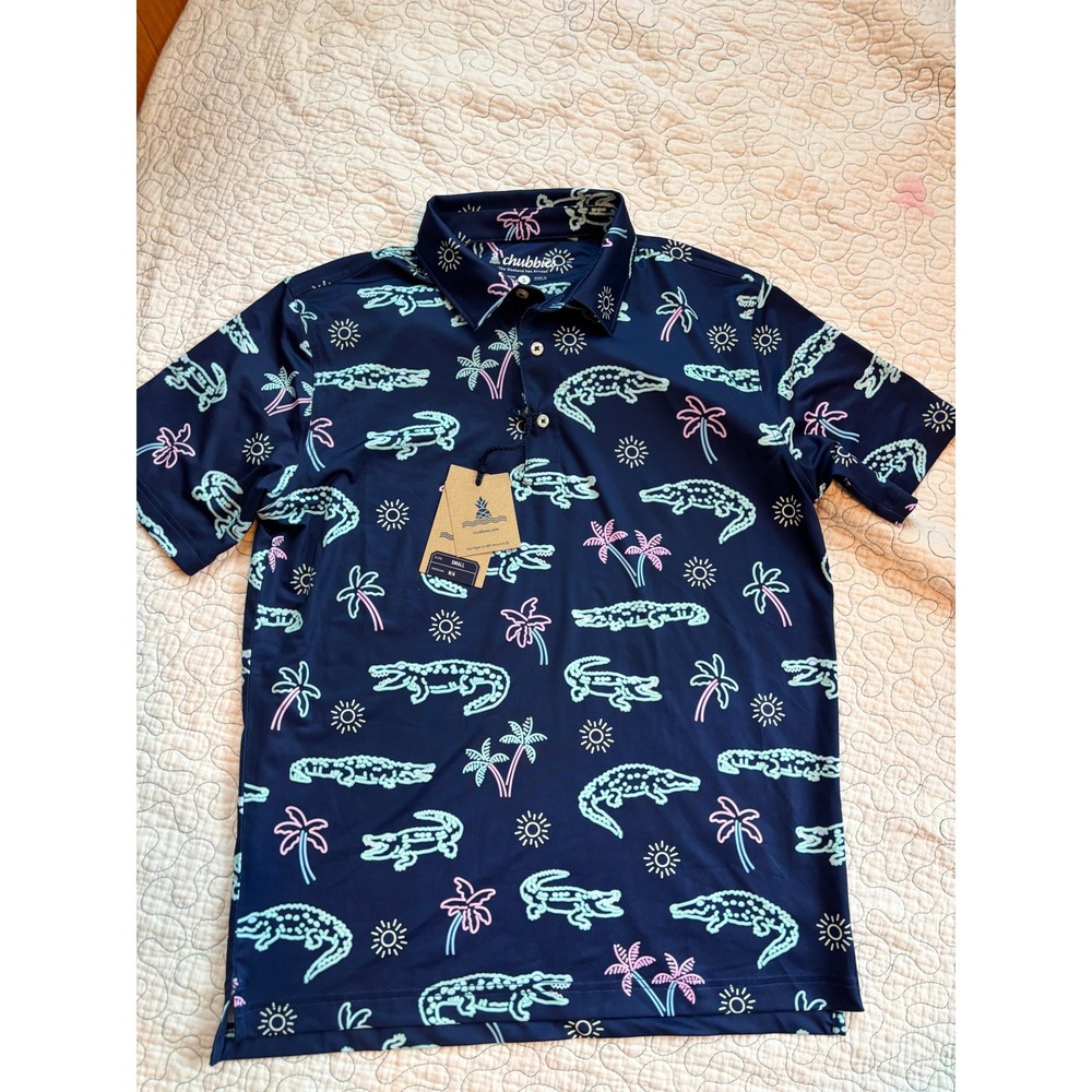 Chubbies Mens Small Performance Polo Shirt Navy‎ Neon Crocodile Palm Tree